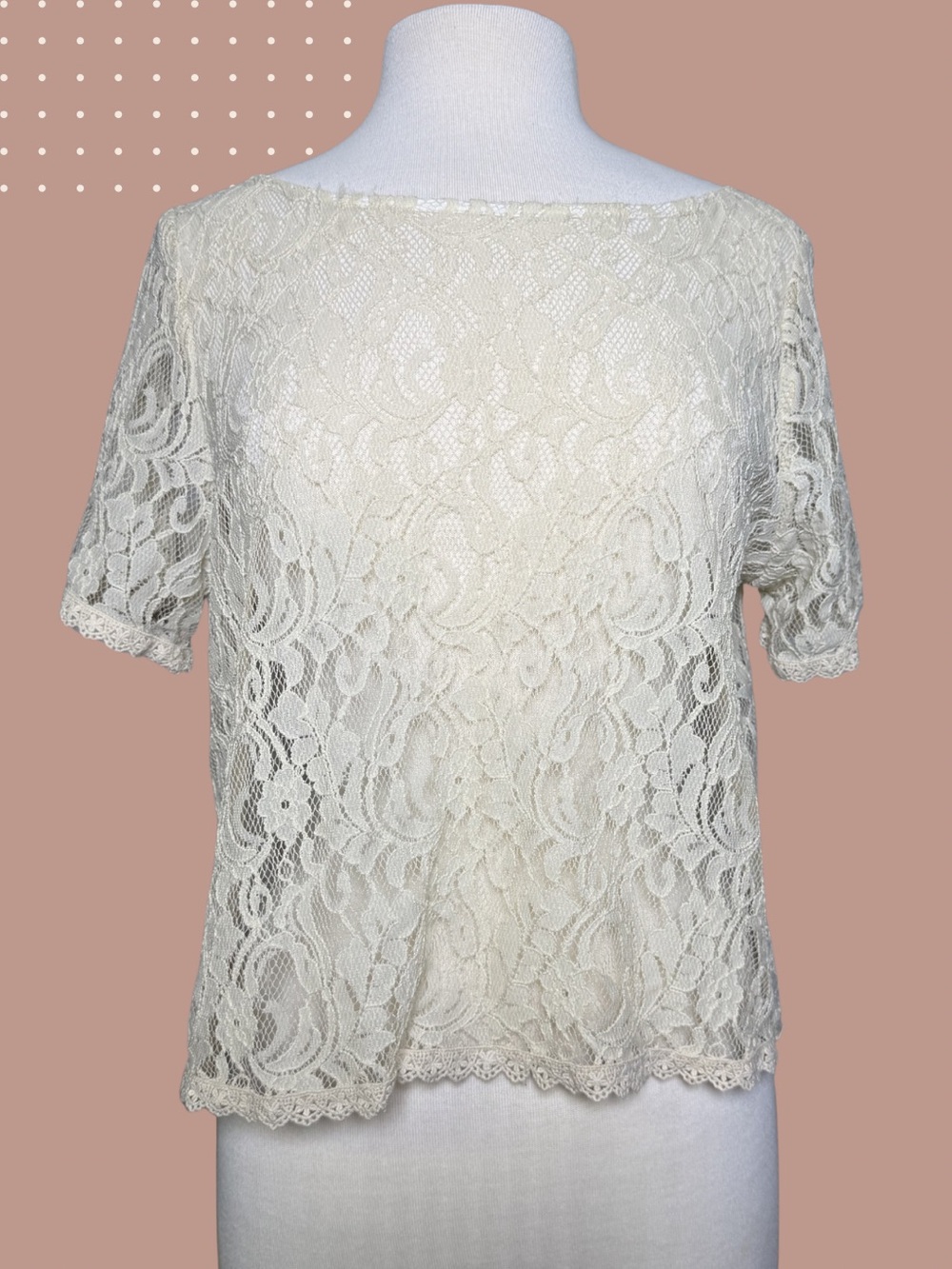 GLAM Ivory Floral Lace Blouse Short Sleeve Boat Neck Crop length Top Size L